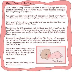 Thanks letter for Doctor Soliman from Randy, Andrea, and Baby Janice 