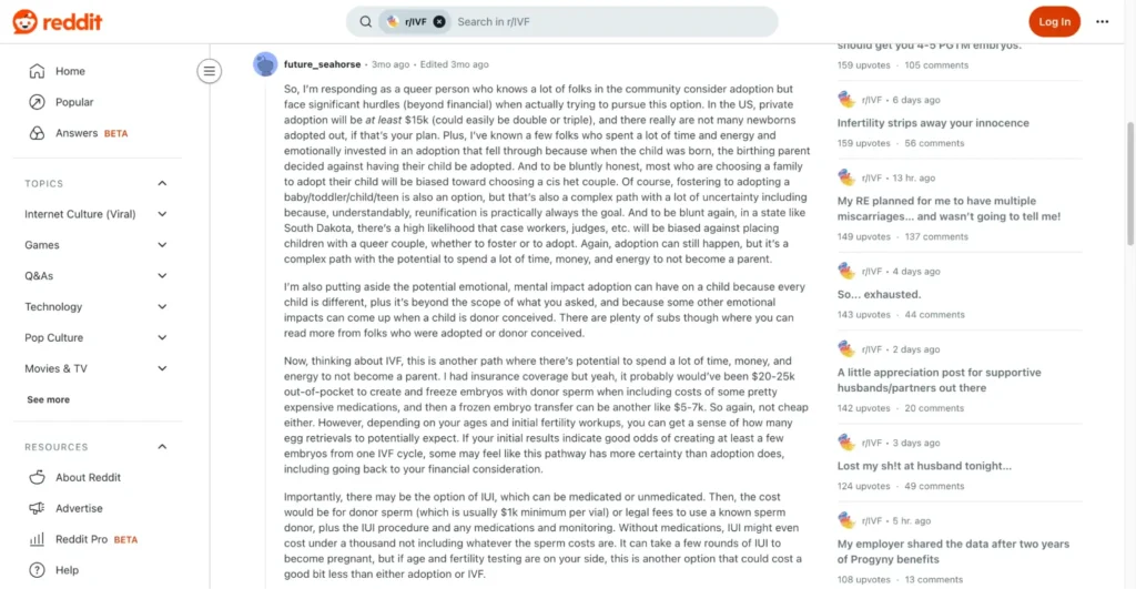 A Reddit user shared spending $20,000–$25,000, highlighting how much is in vitro fertilization in Canada.