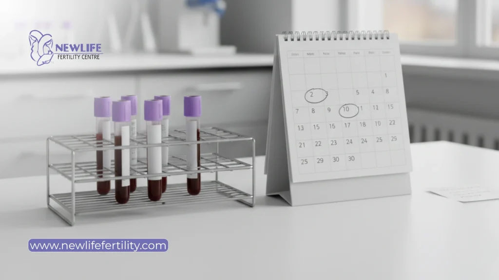 Timing for a karyotype test depends on growing cells and examining chromosome structures.