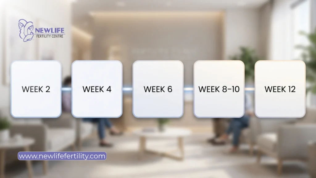 Frozen embryo transfer pregnancy calculator shows key timeline stages.