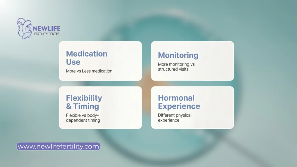 Key differences in frozen embryo transfer natural cycle vs medicated cycle approaches.

