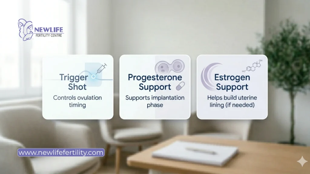 Common medications support the natural cycle in frozen embryo transfer treatment.

