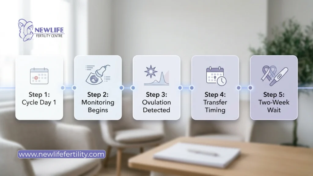 Follow a natural frozen embryo transfer timeline with structured planning.

