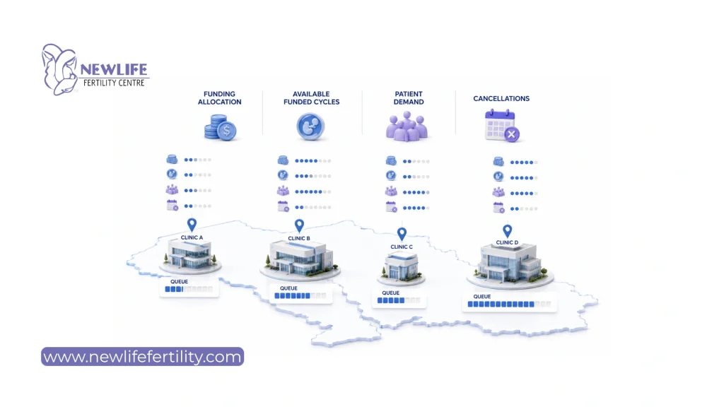 Ontario IVF funding waitlist clinic variation and allocation differences. 